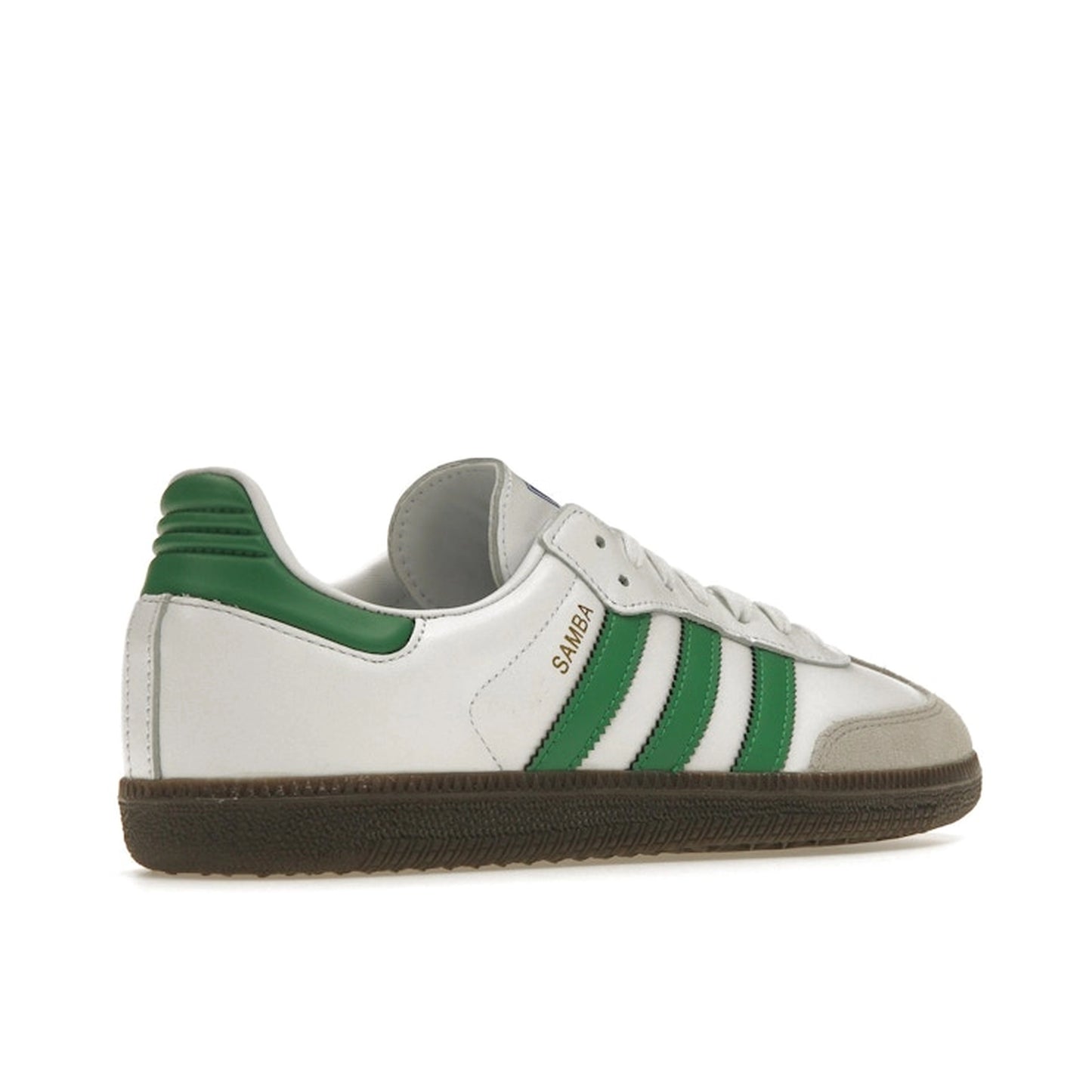 Adidas Samba OG white and green sneakers, back view, model IG1024, with white leather and green accents.
