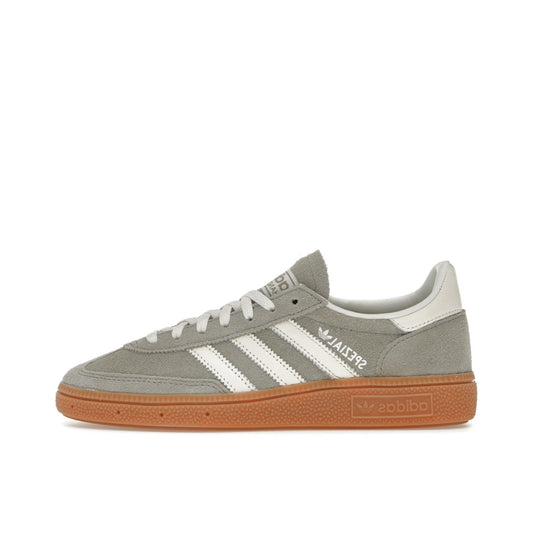 adidas Handball Spezial Silver Pebble, side view, suede upper in soft grey tones with gum sole.