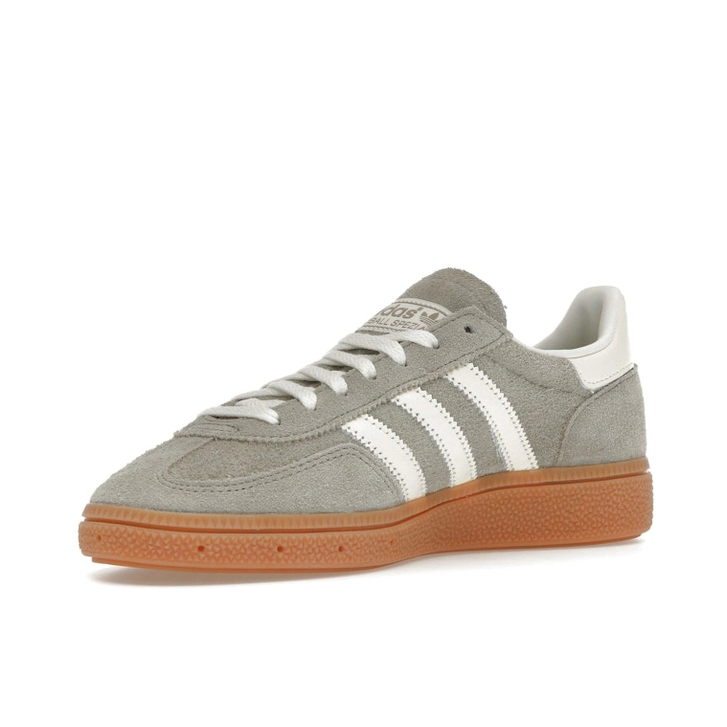 adidas Handball Spezial Silver Pebble, front view, suede upper in soft grey tones with gum sole.
