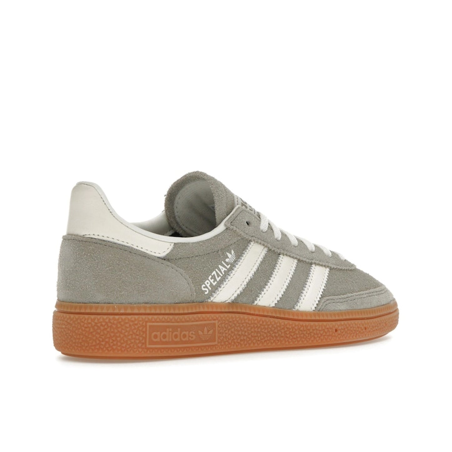 adidas Handball Spezial Silver Pebble, back view, suede upper in soft grey tones with gum sole.