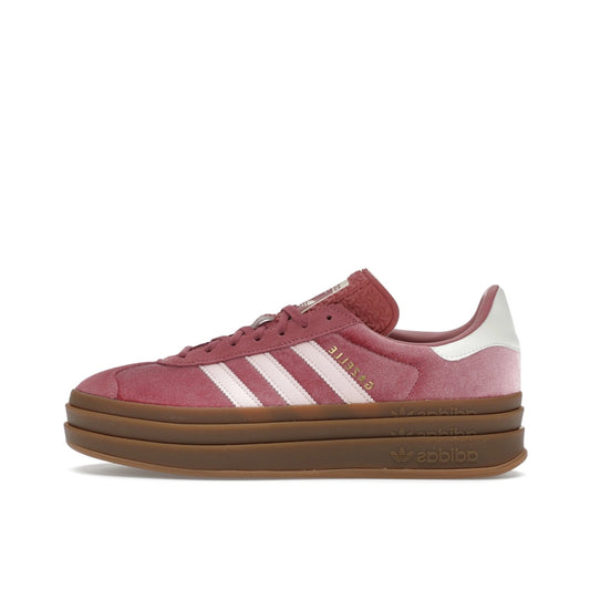 adidas Gazelle Bold Sandy Pink Velvet, side view, in plush pink with elevated gum sole.