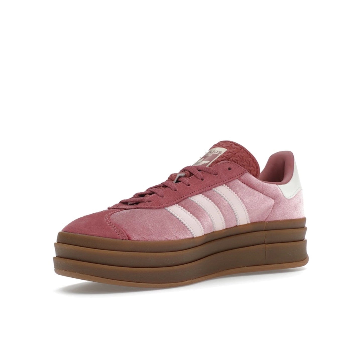 adidas Gazelle Bold Sandy Pink Velvet, front view, in plush pink with elevated gum sole.