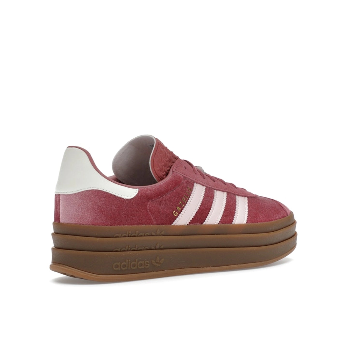 adidas Gazelle Bold Sandy Pink Velvet, back view, in plush pink with elevated gum sole.