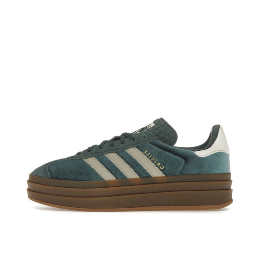 adidas Gazelle Bold Mineral Green Velvet, side view, in dark green with plush velvet upper.