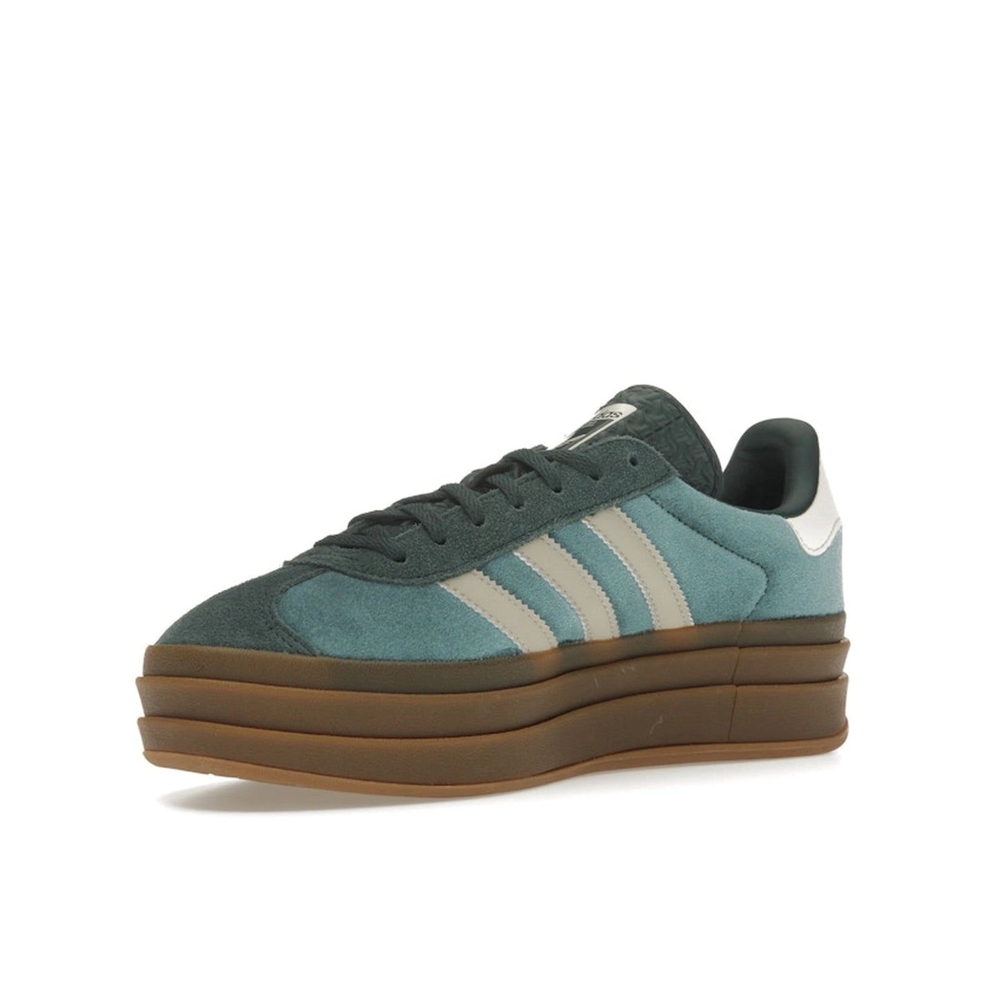 adidas Gazelle Bold Mineral Green Velvet, front view, in dark green with plush velvet upper.