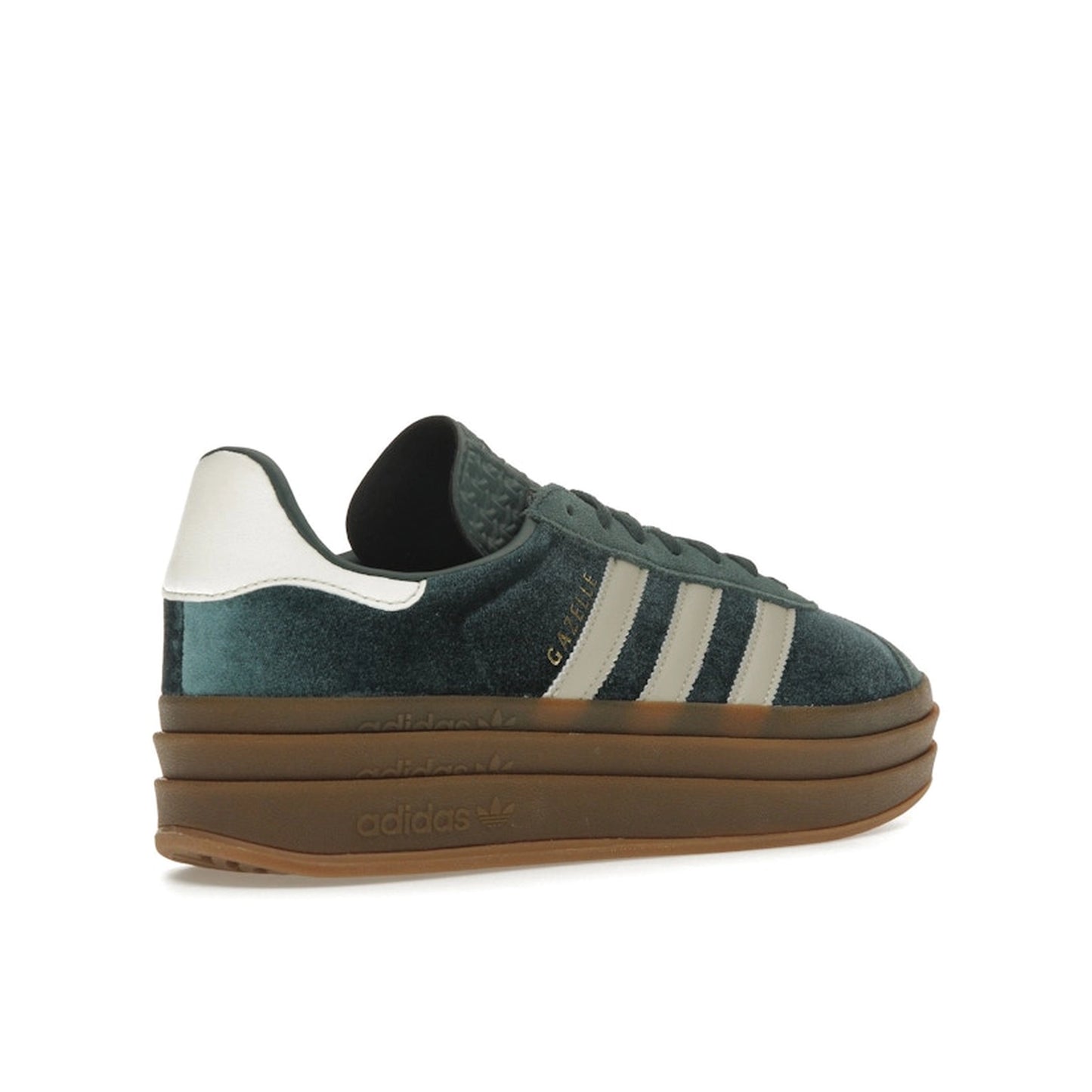 adidas Gazelle Bold Mineral Green Velvet, back view, in dark green with plush velvet upper.