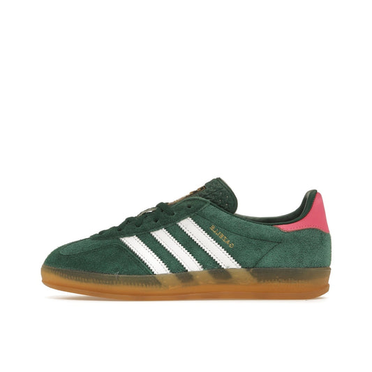 Adidas Gazelle Indoor sneakers, side view, model IG5929, collegiate green with lucid pink, gum sole.