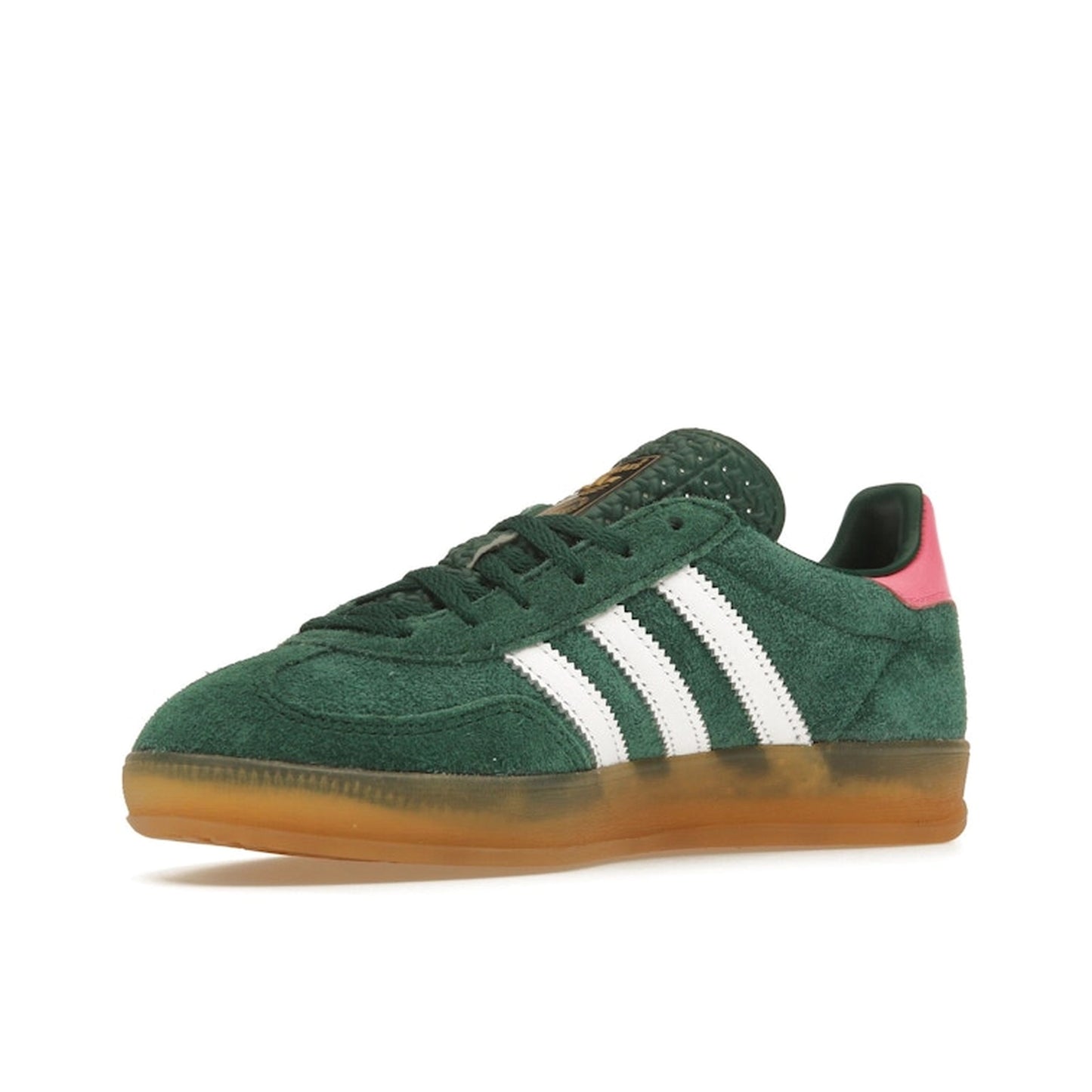 Adidas Gazelle Indoor sneakers, front view, model IG5929, collegiate green with lucid pink, gum sole.