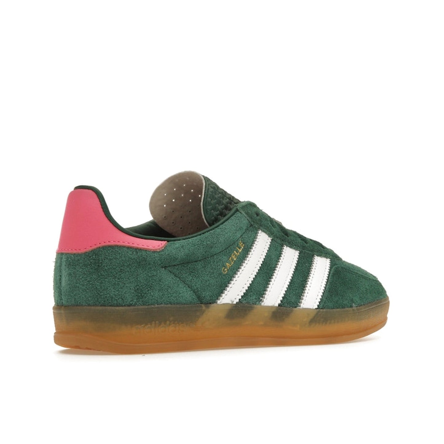 Adidas Gazelle Indoor sneakers, back view, model IG5929, collegiate green with lucid pink, gum sole.
