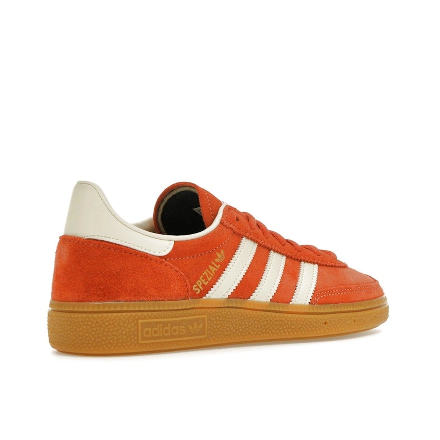 adidas Handball Spezial sneakers, back view, in preloved red with gum sole.