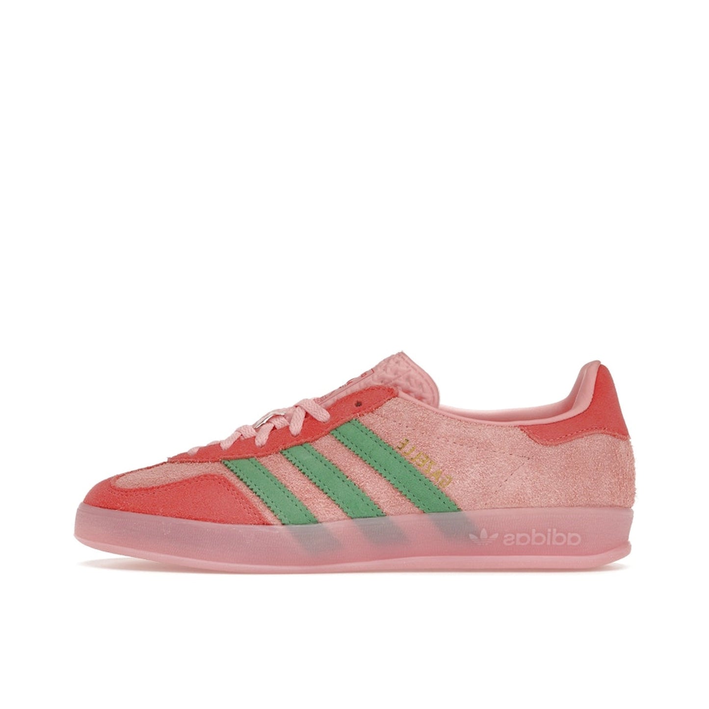 adidas Gazelle Indoor sneakers, side view, model IG6782 in semi pink spark and scarlet.