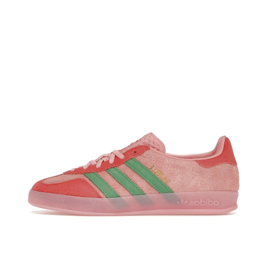 adidas Gazelle Indoor sneakers, side view, model IG6782 in semi pink spark and scarlet.