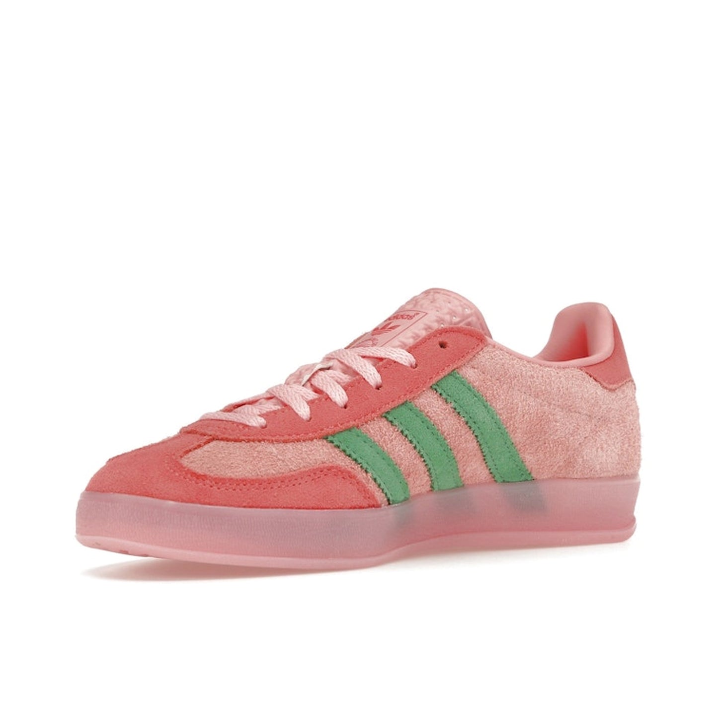 adidas Gazelle Indoor sneakers, front view, model IG6782 in semi pink spark and scarlet.