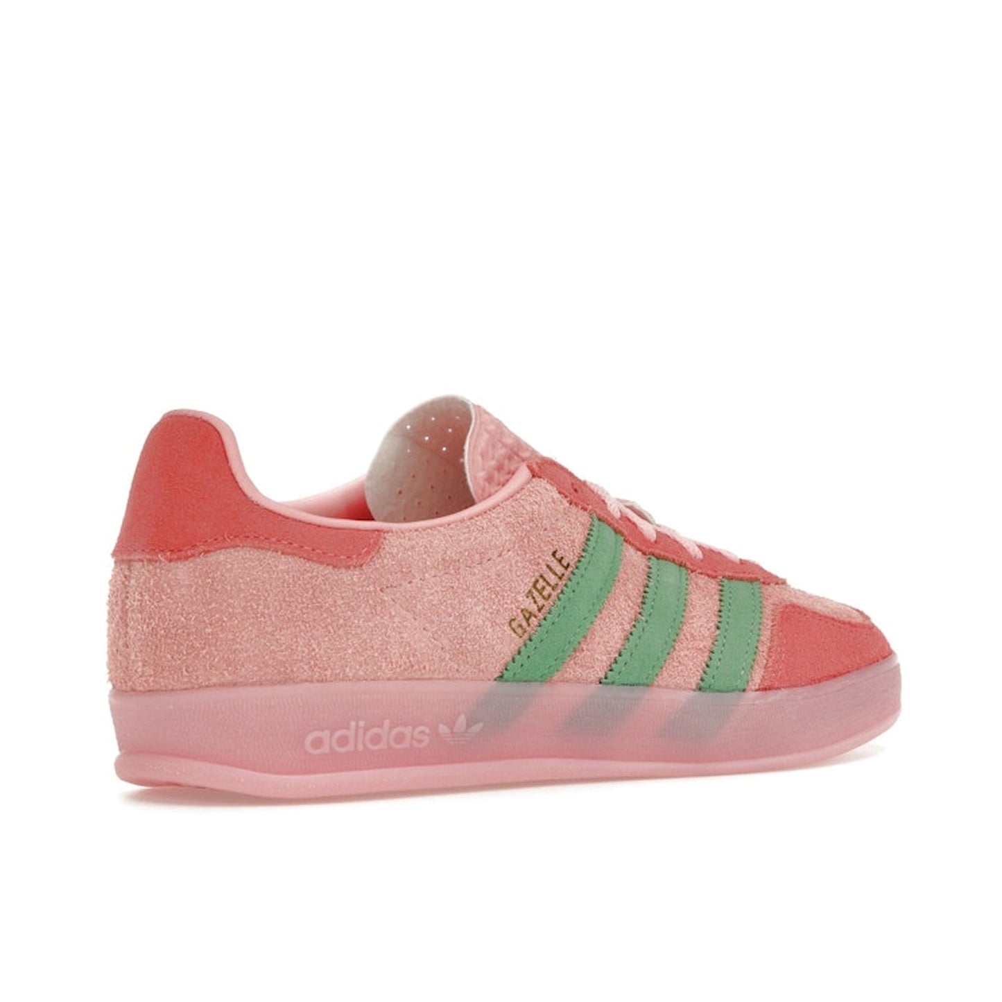 adidas Gazelle Indoor sneakers, back view, model IG6782 in semi pink spark and scarlet.