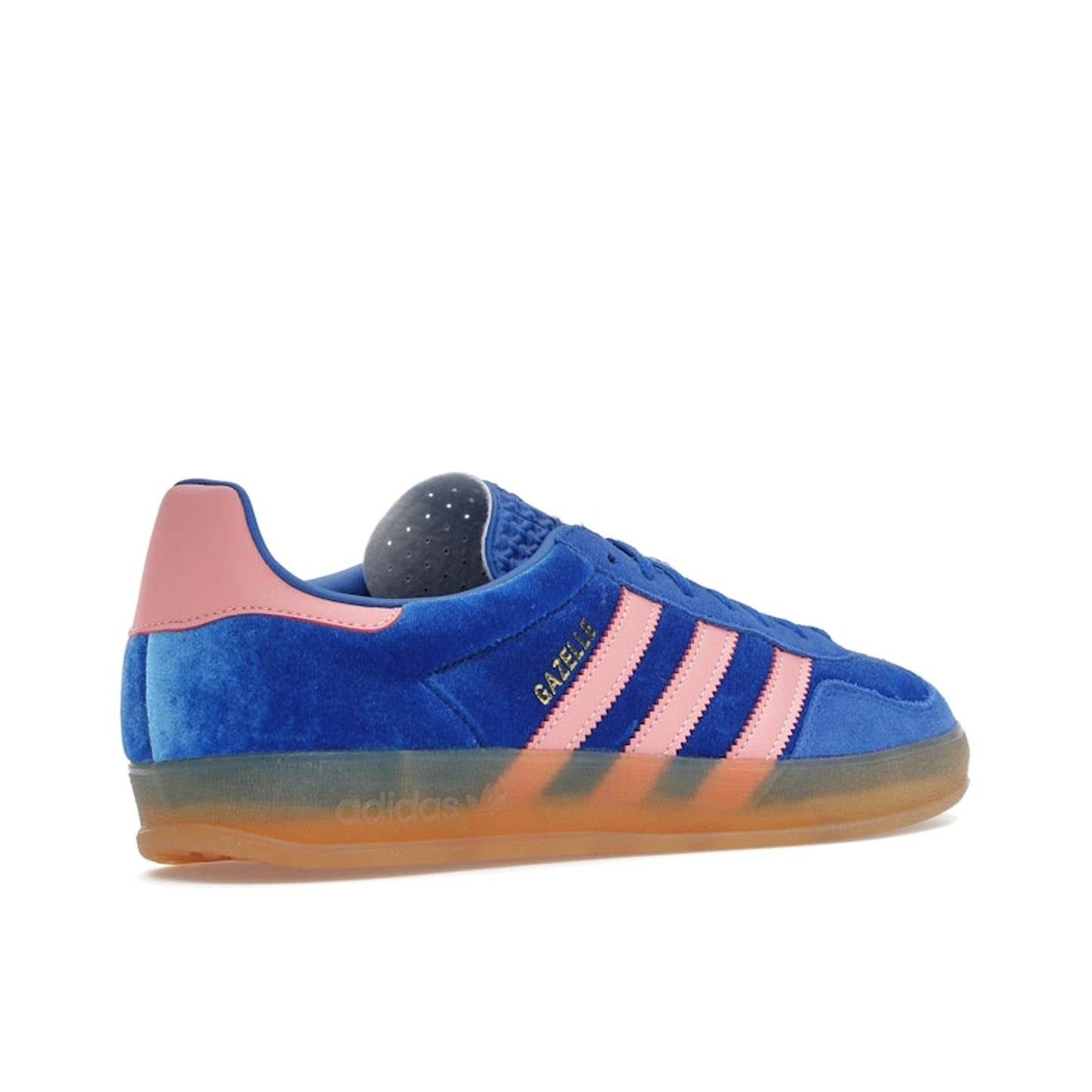 adidas Gazelle Indoor Women’s sneakers, back view, in blue with semi pink spark stripes and gum sole.