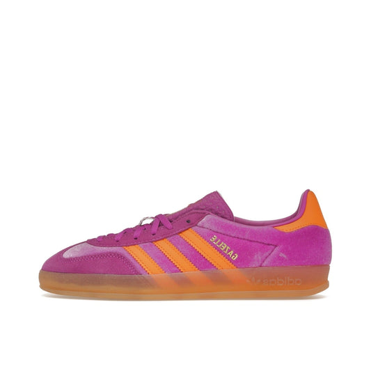 adidas Gazelle Indoor Women’s sneakers, side view, in purple burst velvet with gum sole.