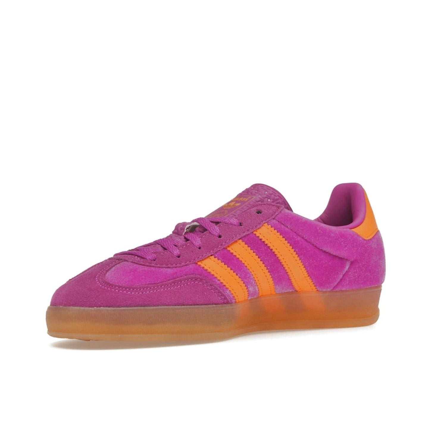 adidas Gazelle Indoor Women’s sneakers, front view, in purple burst velvet with gum sole.