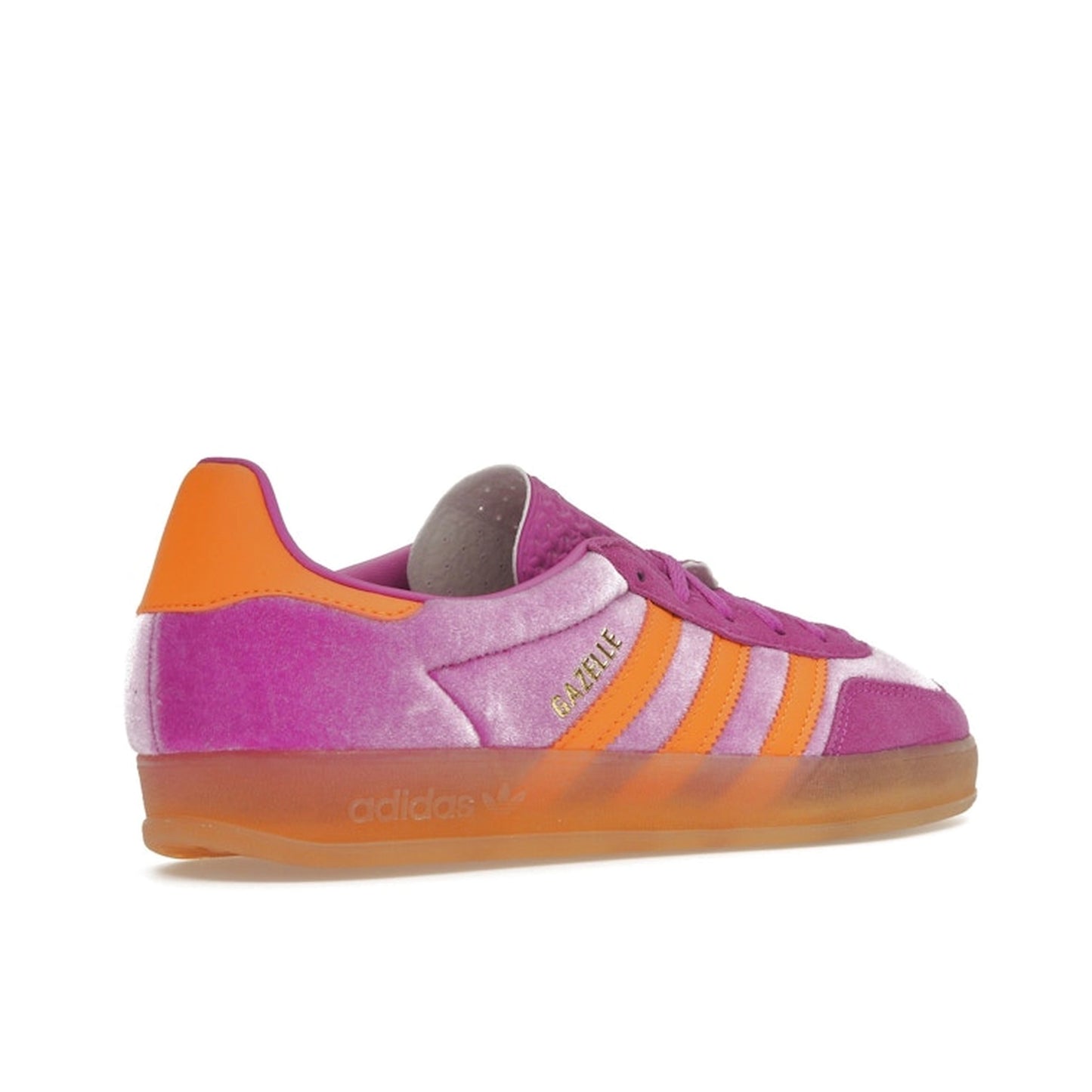 adidas Gazelle Indoor Women’s sneakers, back view, in purple burst velvet with gum sole.