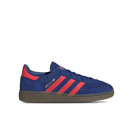 adidas Handball Spezial women's shoes in collegiate royal, solar red and gold metallic suede
