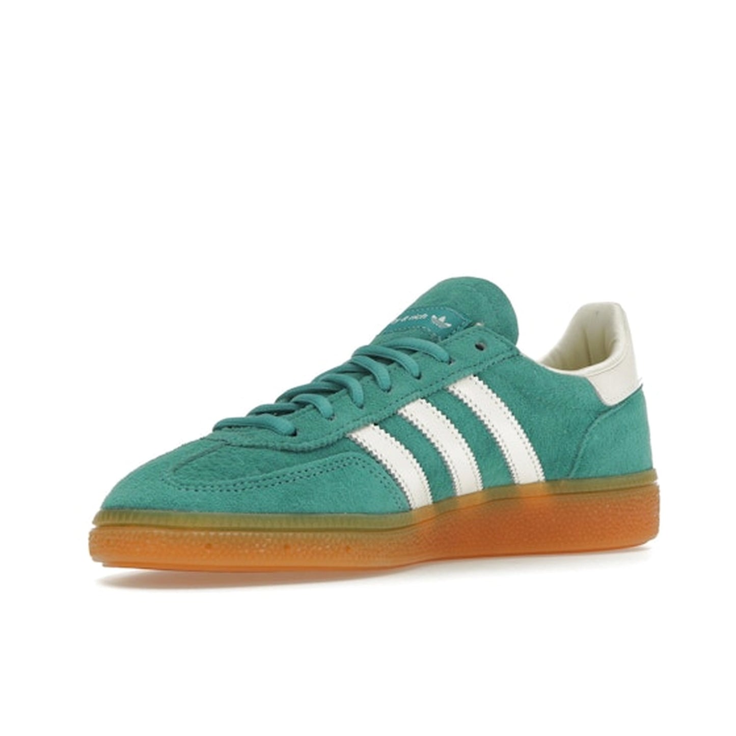 adidas Handball Spezial Sporty & Rich Green, front view, in premium green suede with white accents.