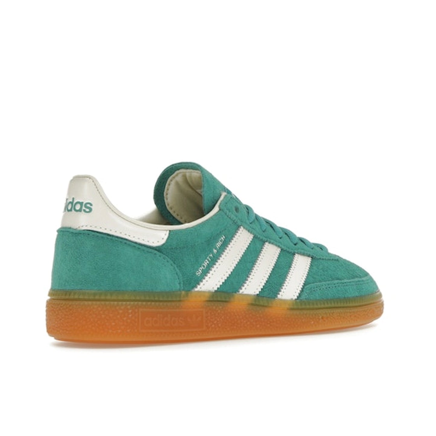 adidas Handball Spezial Sporty & Rich Green, back view, in premium green suede with white accents.