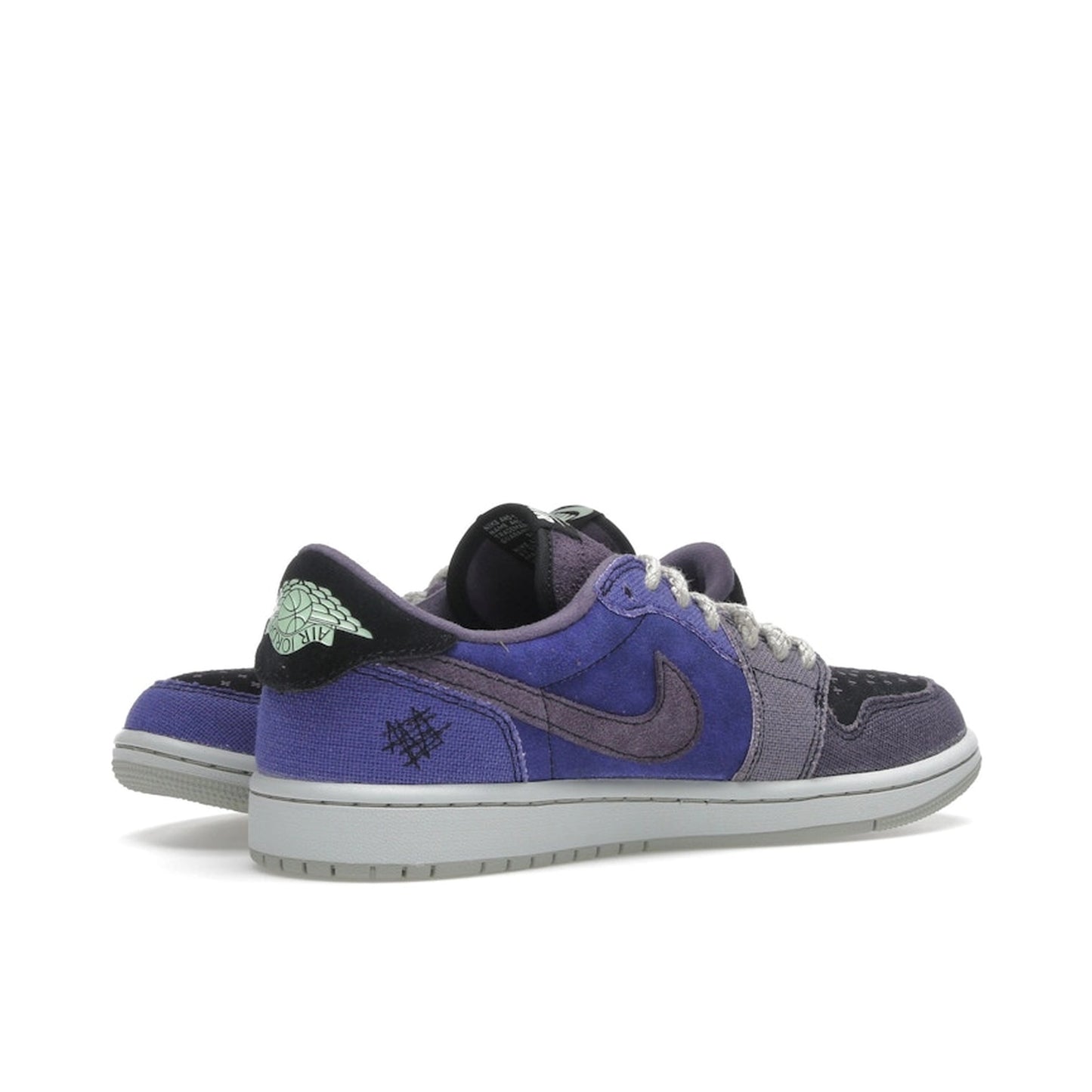 Jordan 1 Retro Low OG Zion Voodoo Alternate, back view, multicolor patchwork and raw edges.