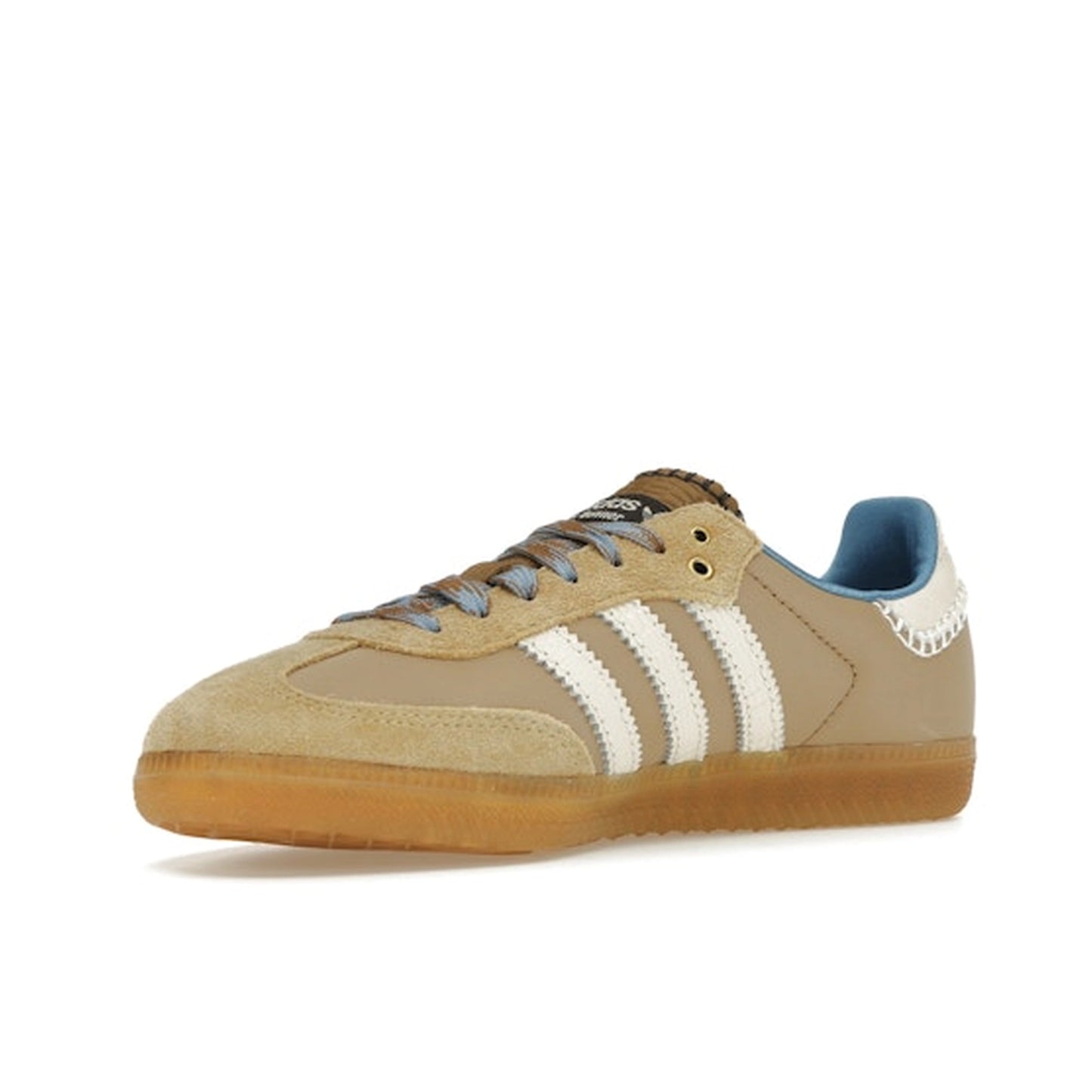 Adidas Samba Nylon Wales Bonner sneakers, front view, model IH3261, in desert white with blue details.