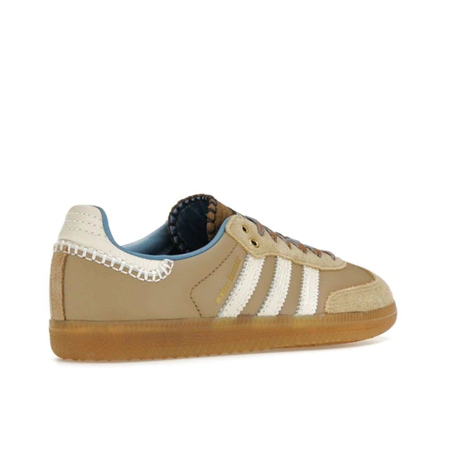 Adidas Samba Nylon Wales Bonner sneakers, back view, model IH3261, in desert white with blue details.