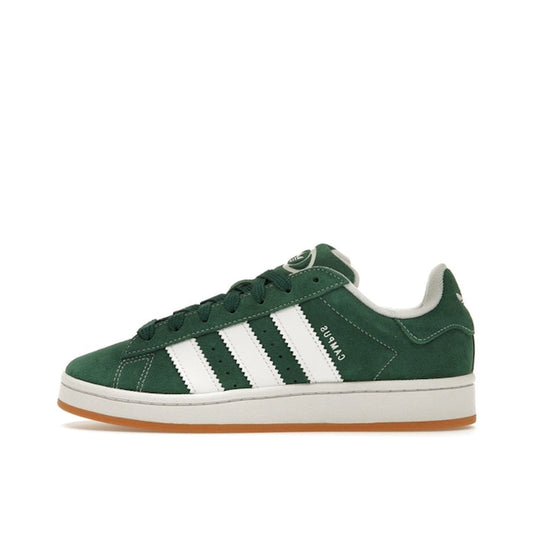adidas Campus 00s, side view, in dark green suede with white details.