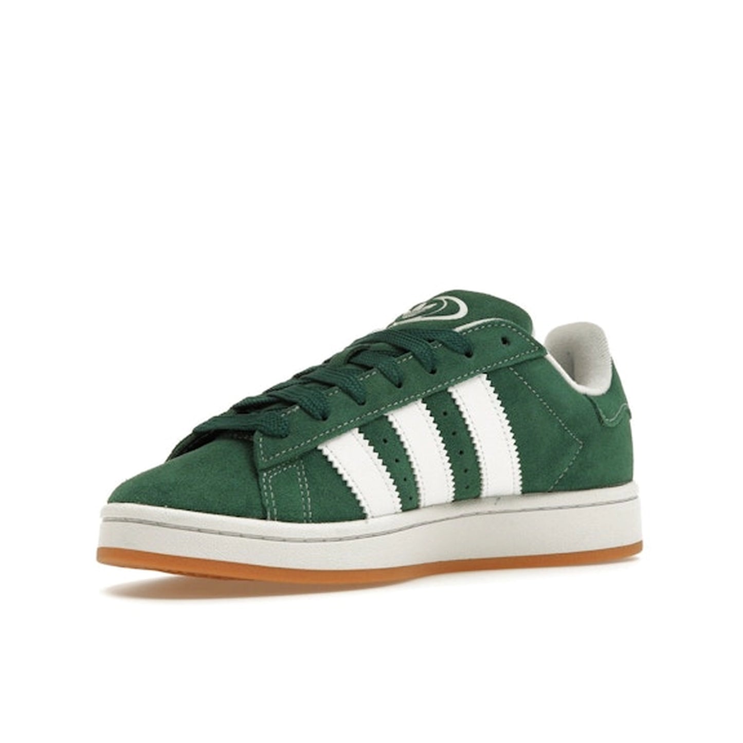 adidas Campus 00s, front view, in dark green suede with white details.