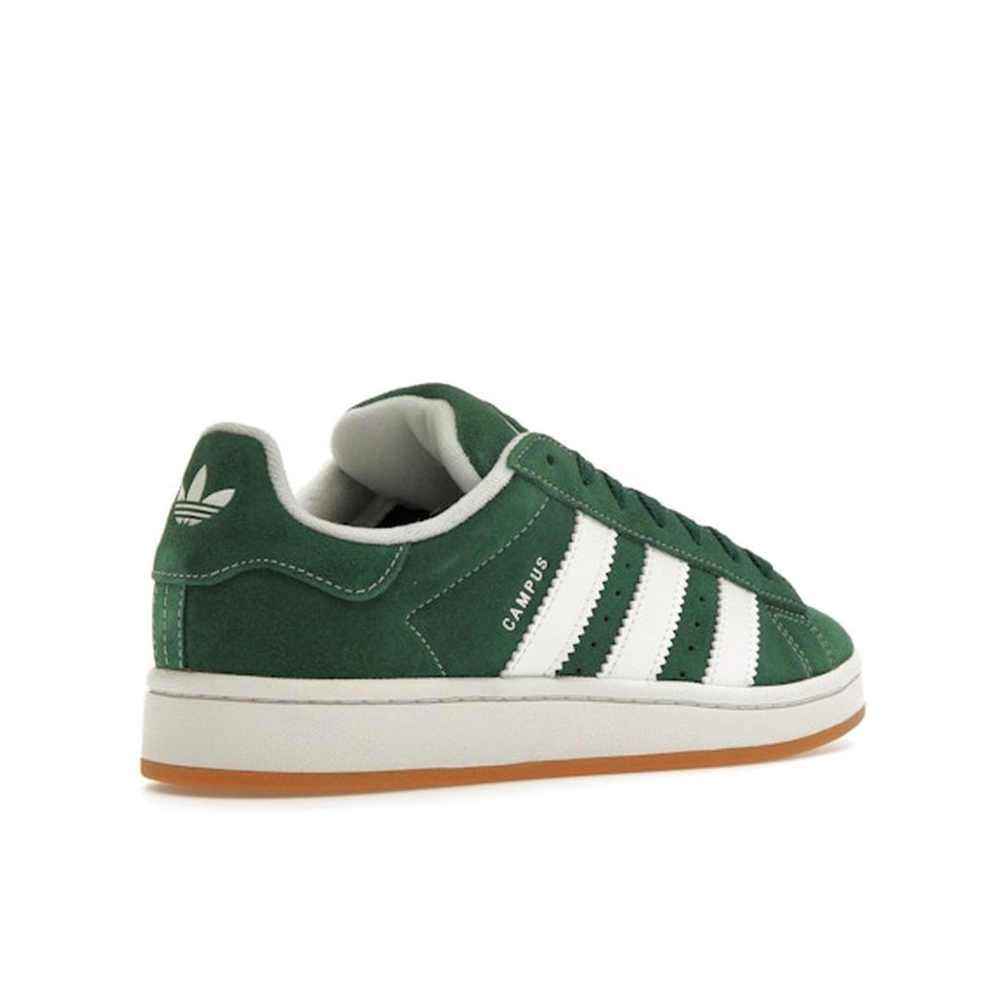 adidas Campus 00s, back view, in dark green suede with white details.