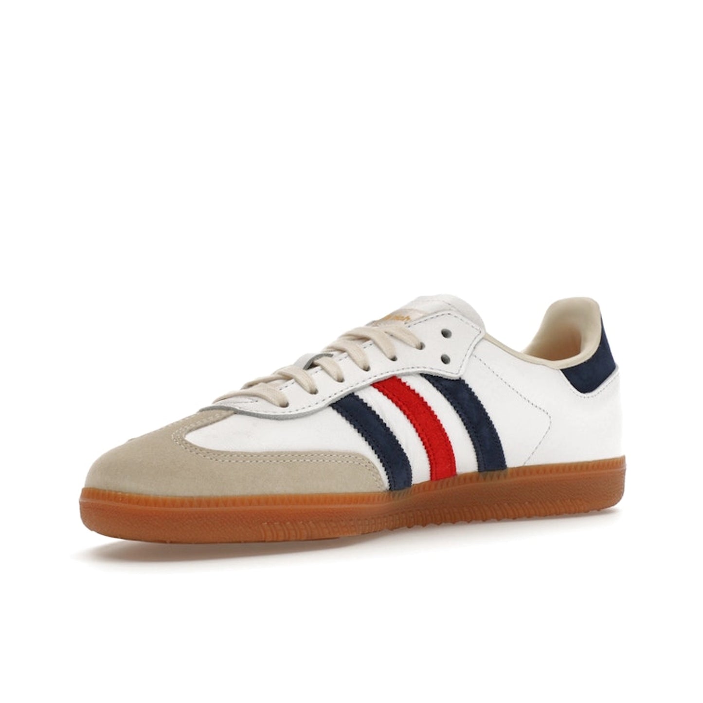 adidas Samba OG Sporty & Rich USA sneakers, front view, in white with navy and red details.
