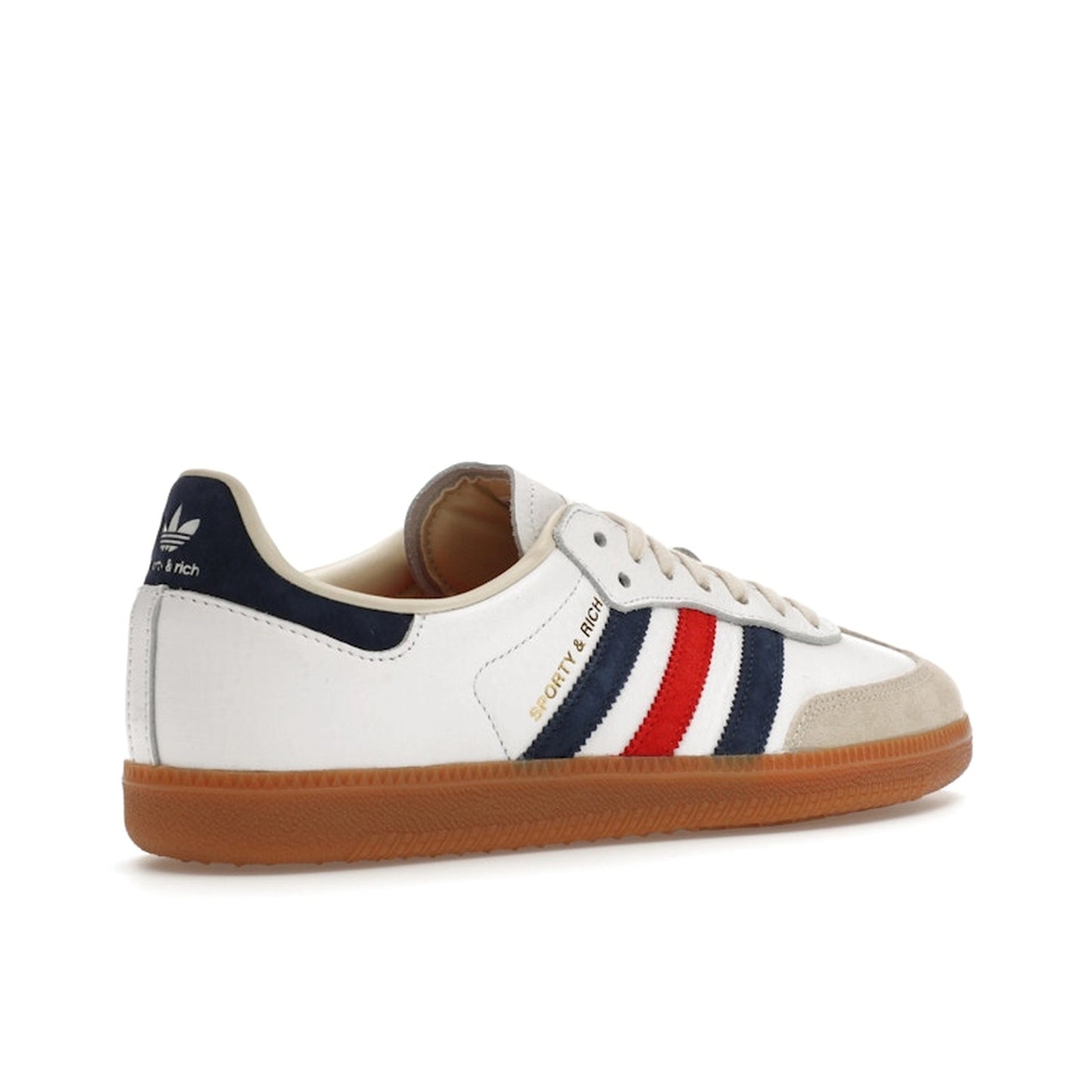 adidas Samba OG Sporty & Rich USA sneakers, back view, in white with navy and red details.