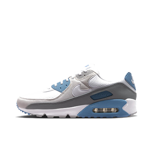 Nike Air Max 90 sneaker in neutral gray and white mesh with leather overlays