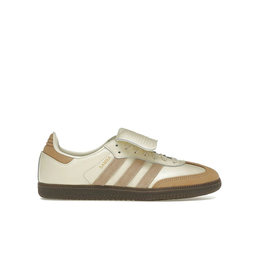 adidas Samba LT in cream white, warm sandstone, gold metallic; textile and denim