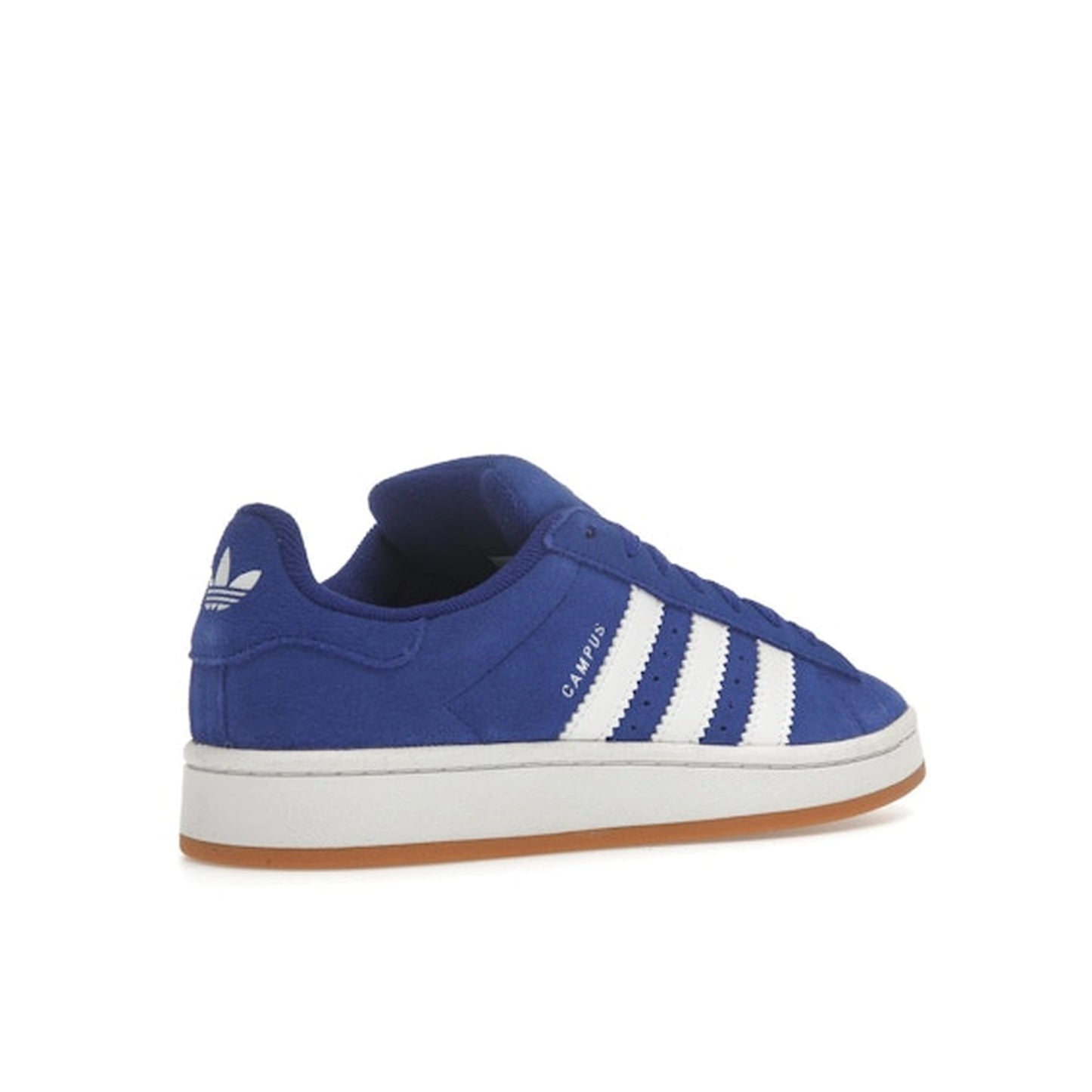 adidas Campus 00s Semi Lucid Blue White Gum, back view, in pastel blue with retro three stripes.