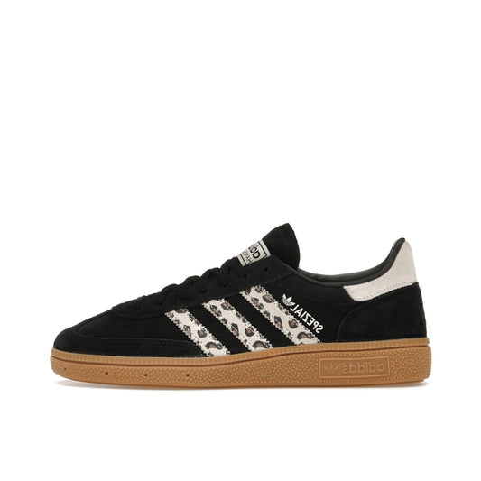 Adidas Handball Spezial Black Wonder Leopard Women's sneakers, side view, model JH9092, in black with leopard print details.