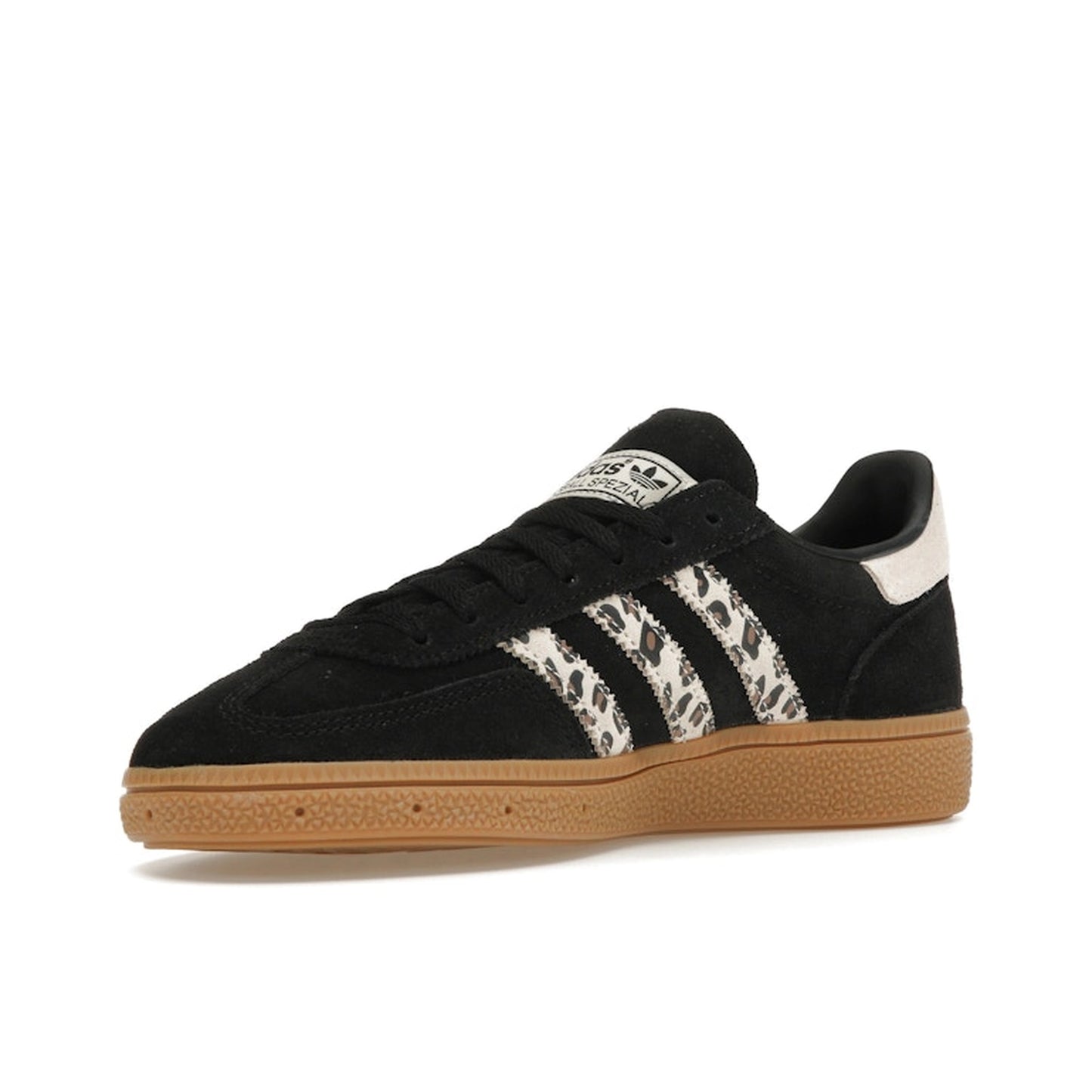 Adidas Handball Spezial Black Wonder Leopard Women's sneakers, front view, model JH9092, in black with leopard print details.