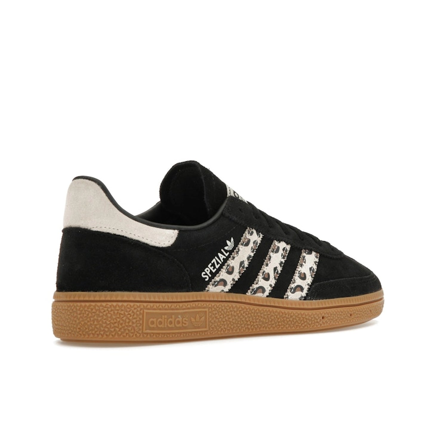 Adidas Handball Spezial Black Wonder Leopard Women's sneakers, back view, model JH9092, in black with leopard print details.