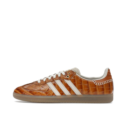 adidas Samba Wales Bonner sneakers, side view, in brown with crocodile texture and gum sole.