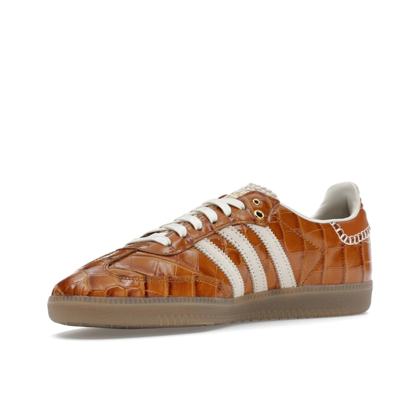 adidas Samba Wales Bonner sneakers, front view, in brown with crocodile texture and gum sole.