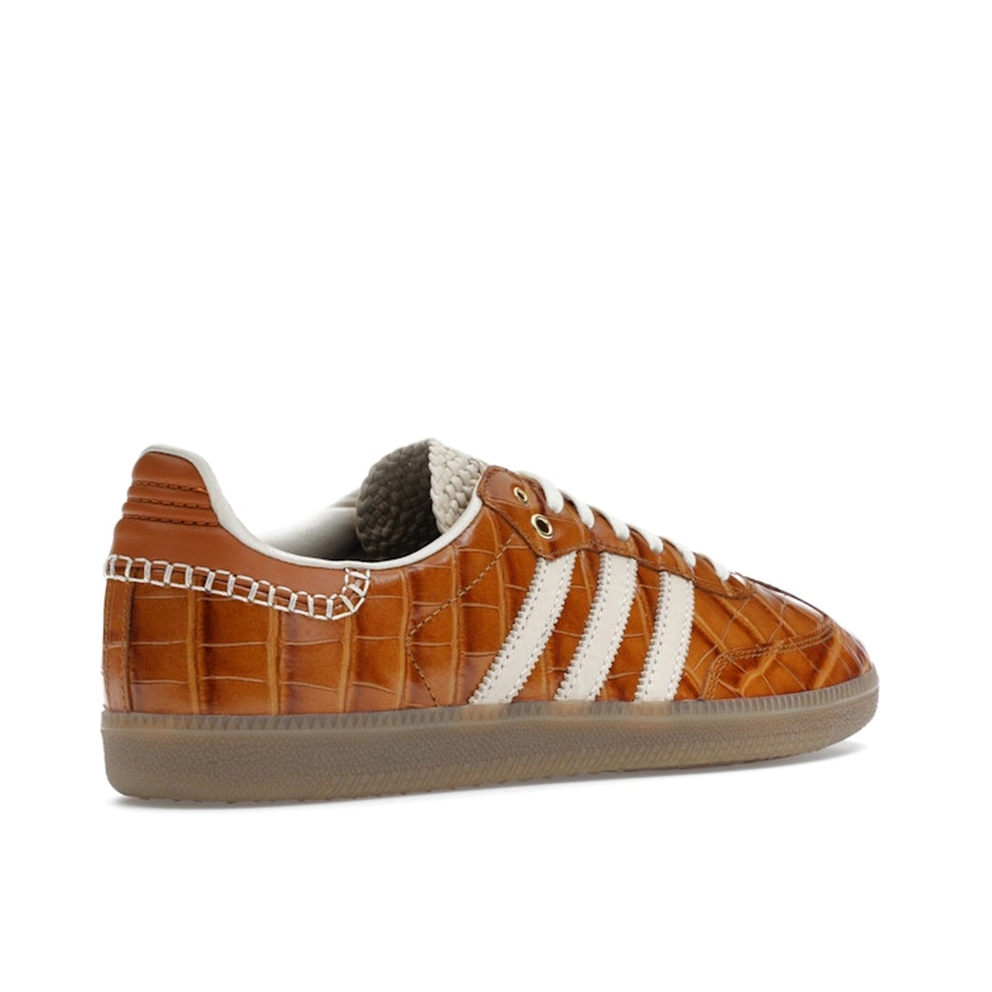 adidas Samba Wales Bonner sneakers, back view, in brown with crocodile texture and gum sole.