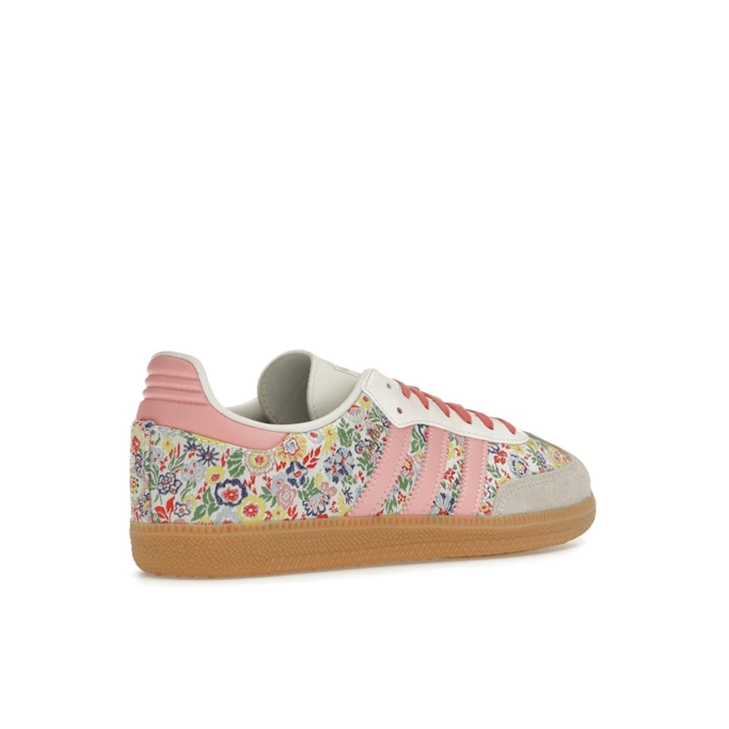 adidas Samba OG GS sneakers, back view, in white with Liberty London floral embroidery.