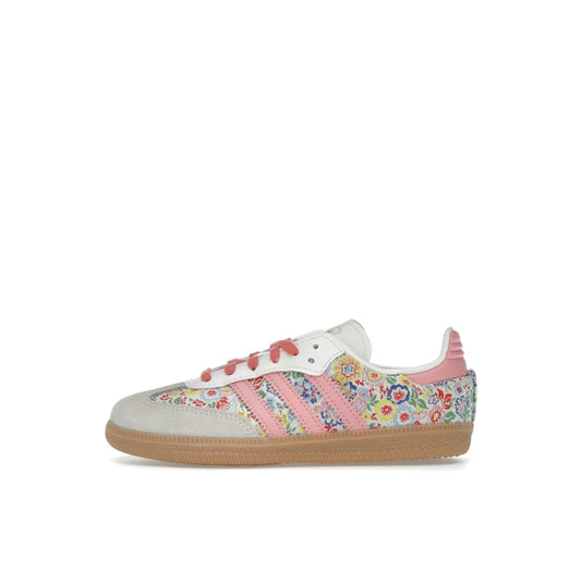 adidas Samba OG PS sneakers, side view, in white with Liberty London floral embroidery.