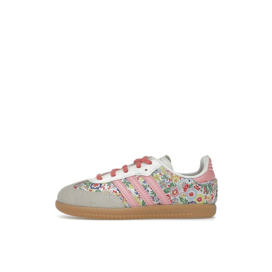adidas Samba OG TD sneakers, side view, in white with Liberty London floral embroidery.