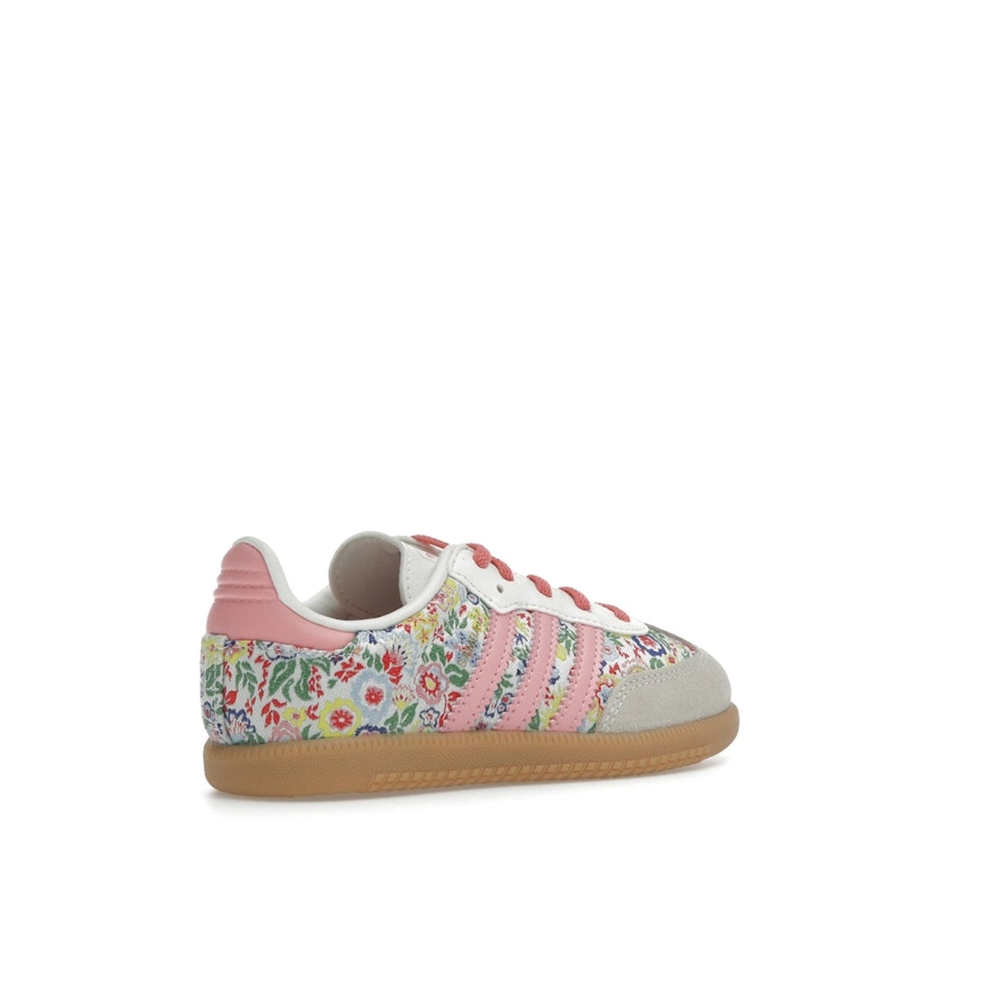 adidas Samba OG TD sneakers, back view, in white with Liberty London floral embroidery.