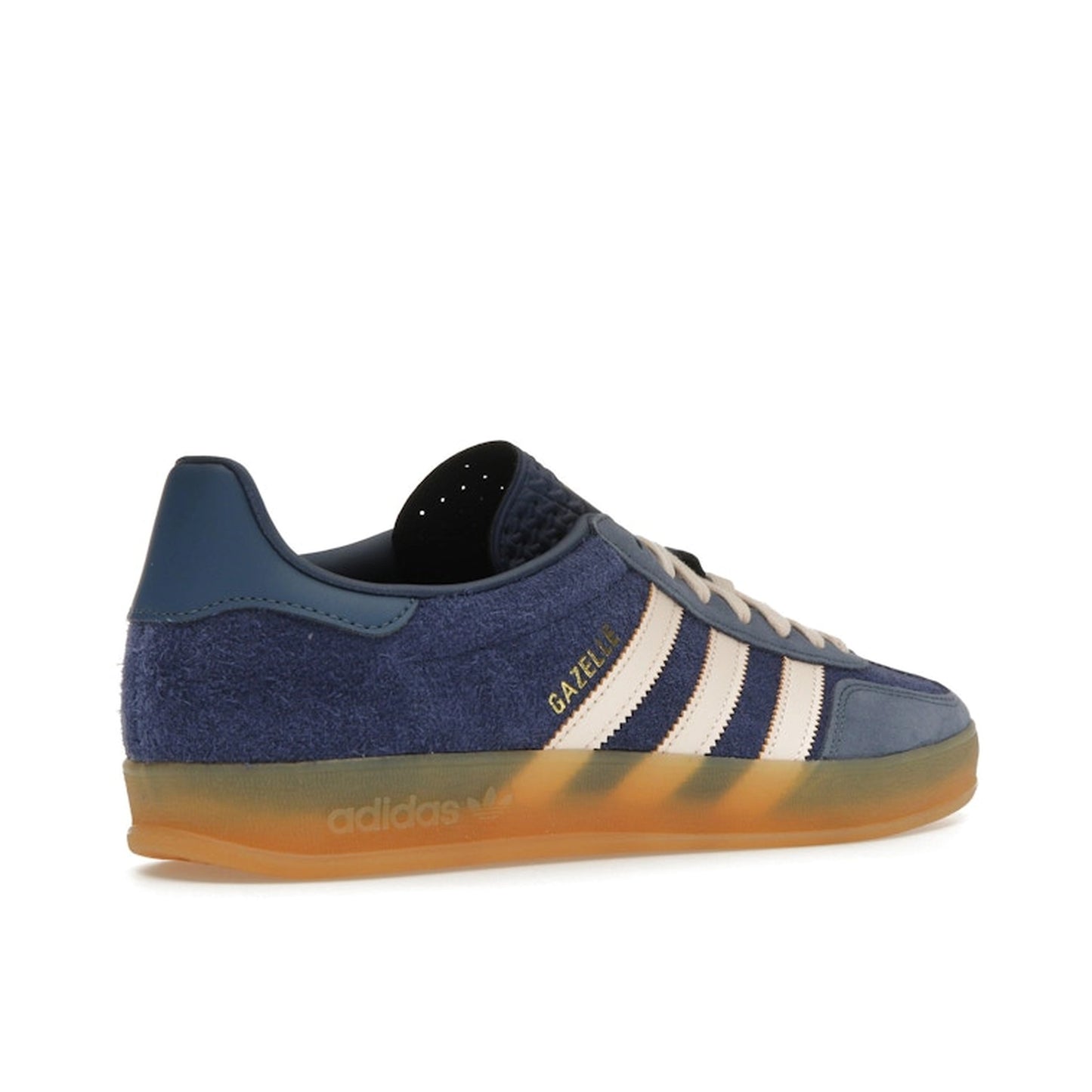 adidas Gazelle Indoor, back view, in dark blue suede with orange accents and retro silhouette.