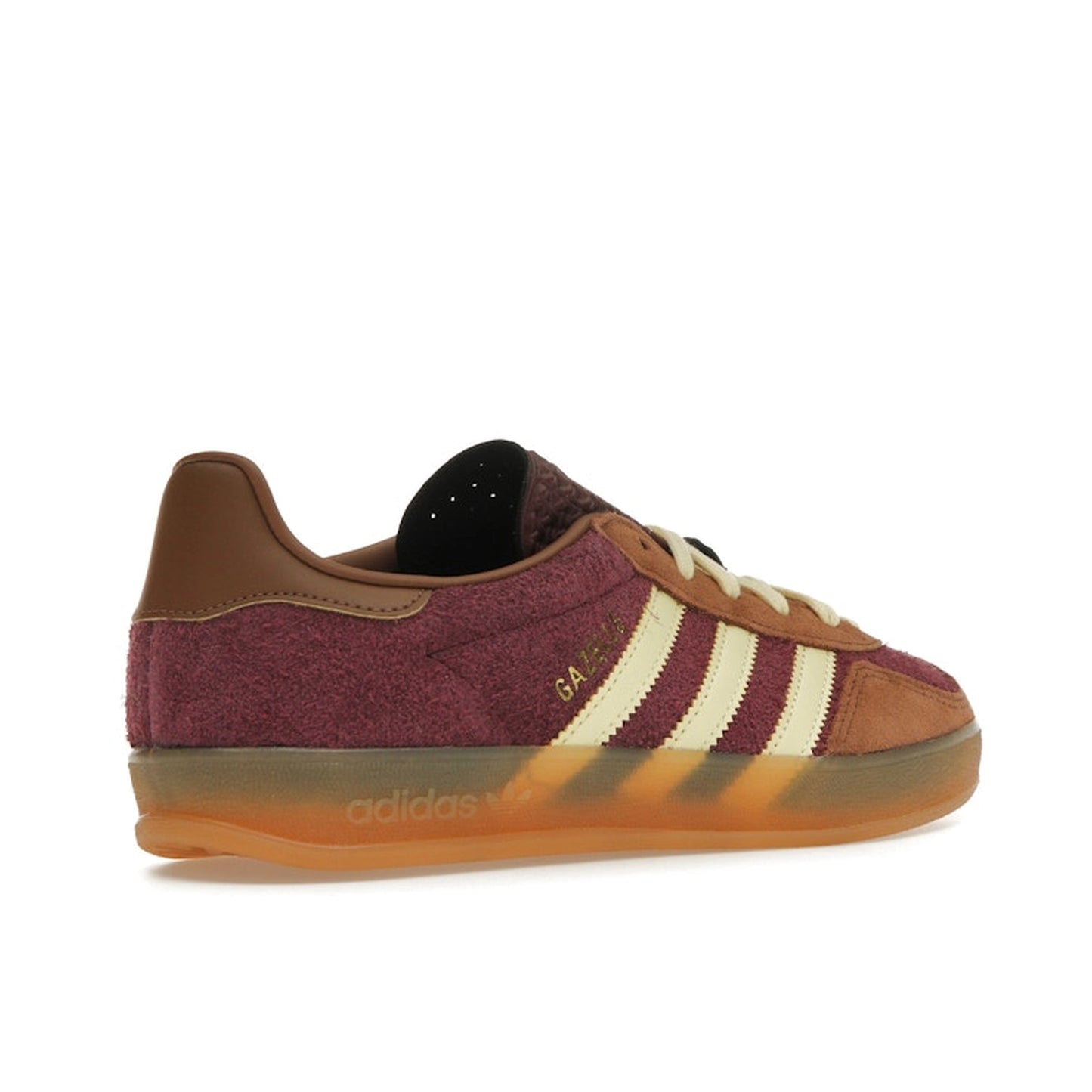 Adidas Gazelle Indoor sneakers, back view, model JI0324, in maroon with almost yellow accents.