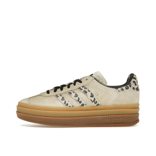 adidas Gazelle Bold sneakers, side view, model JI1370, in cream with black leopard details.
