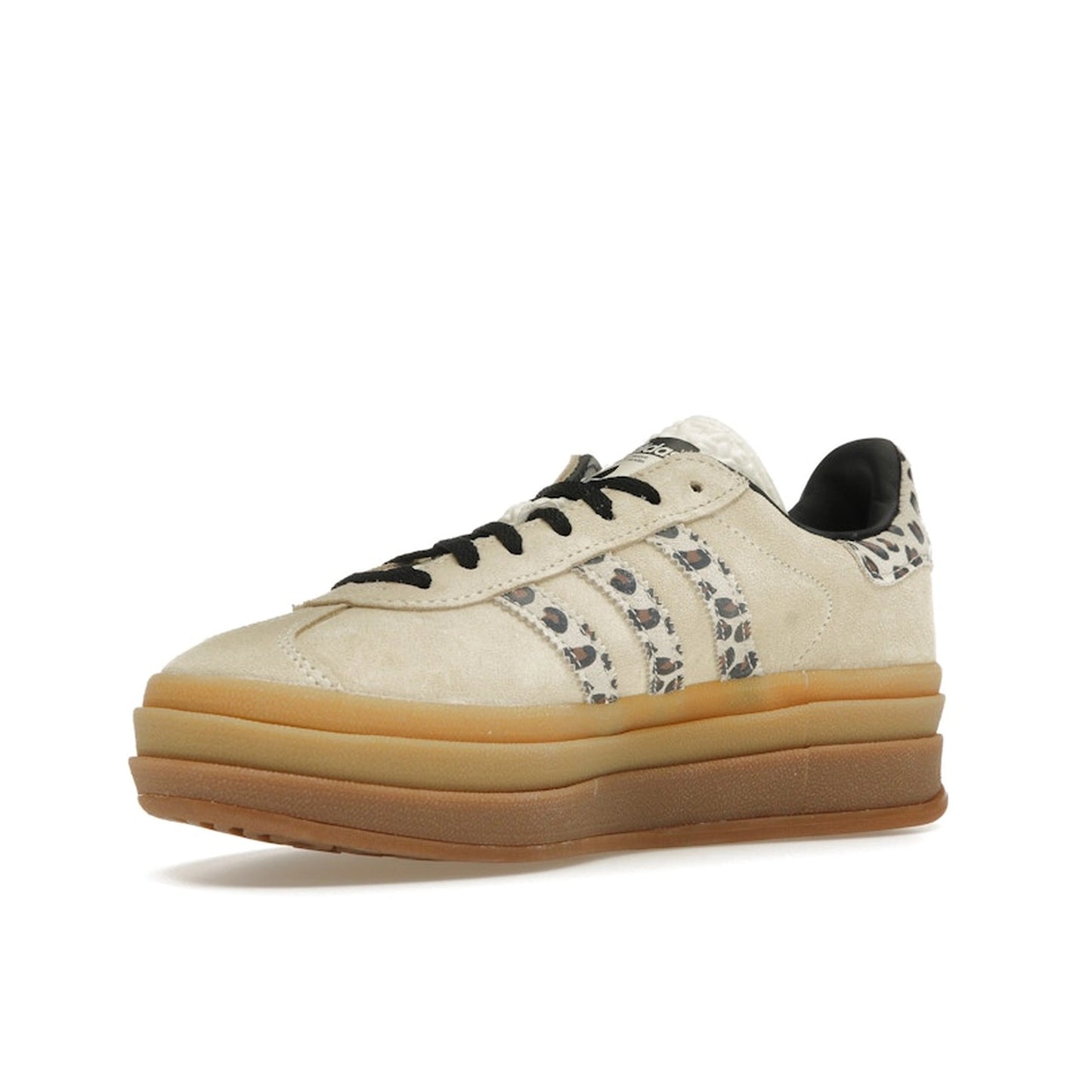 adidas Gazelle Bold sneakers, front view, model JI1370, in cream with black leopard details.